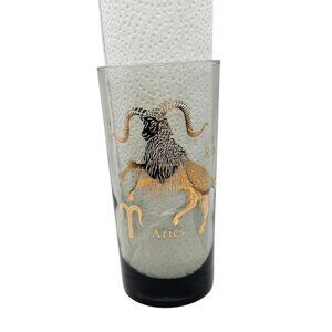 Vintage 1970s Smoked Glass Aries Zodiac Cocktail Tumbler Gold Ram Astrology